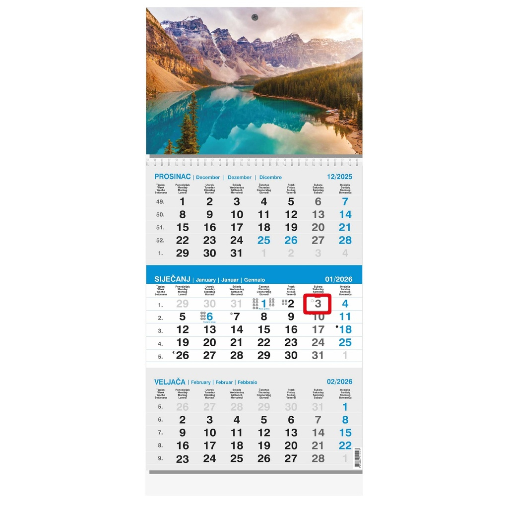 “Poslovni SIVO-PLAVI” trodjelni kalendar s fotografijom, 12 list., dim: 29,5x62cm, PVC vrećica, pokazivač, P/50
