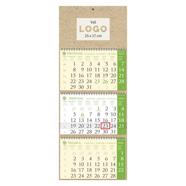 Kalendar trodjelni sirio EKO ZELENI, 3 dijela spirala (3x12 l) 25x65cm, pok, vrećica (reciklirani papir), P/50