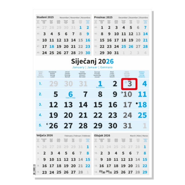 "Poslovni PLAVI 5 mj" neuvezani trodijelni kalendar, 12 list., dim:29,5x42cm, PVC vrećica, pokazivač, P/50