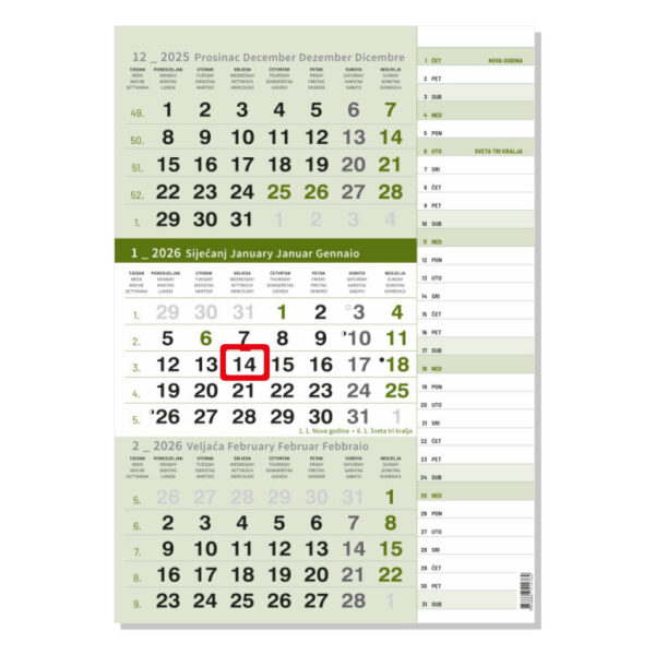 "Poslovni ZELENI PLANER" neuvezani trodijelni kalendar, 12 list., dim: 29,5x42cm, PVC vrećica, pokazivač, P/50