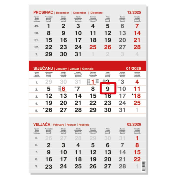 "Poslovni SIVO-CRVENI" neuvezani trodjelni kalendar, 12 list., dim: 29,5x20cm, neuvezani PVC vrećica, pokazivač, P/50