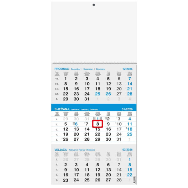 "Poslovni SIVO-PLAVI" trodjelni kalendar, 12 list., dim:29,5x62cm, PVC vrećica, pokazivač, P/50