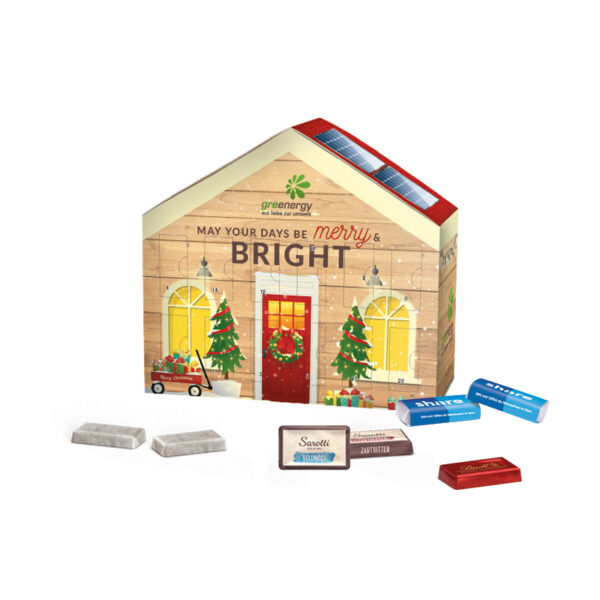 Advent calendar house, mini chocolate bars in glassine paper