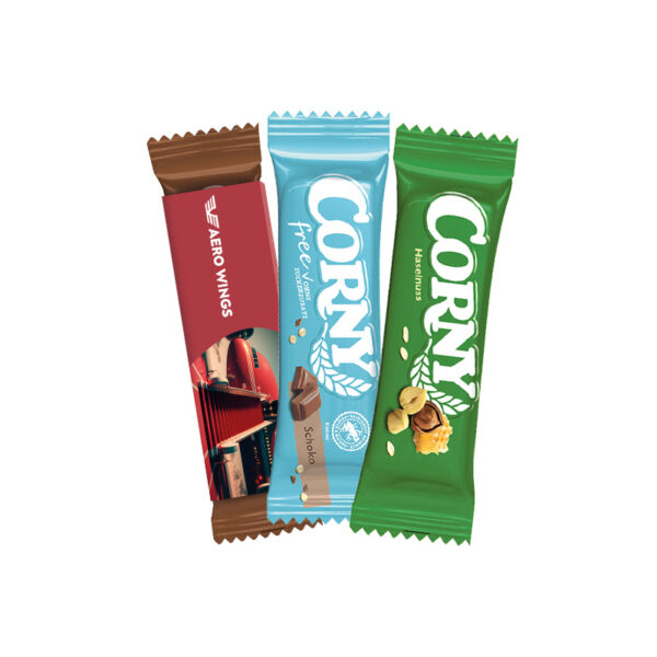 Corny cereal bar, white cardboard promotional case, free/chocolate