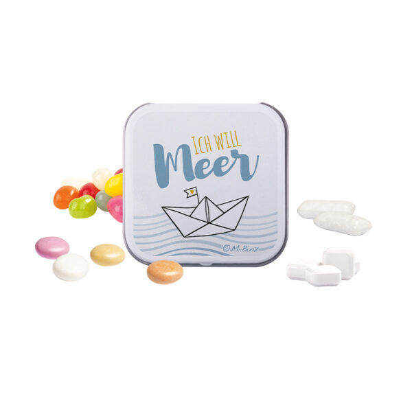 Square tin, white, Pfeffi sugar-free peppermint pastilles