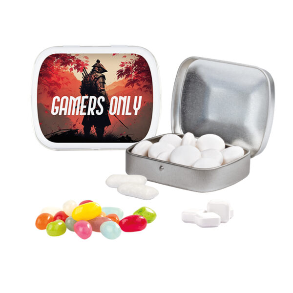 Hinged tin, white, Mentos chewy candy Fruit