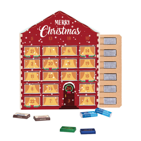 Mini bar advent calendar house ECO, cardboard inlay, share mini chocolate bars