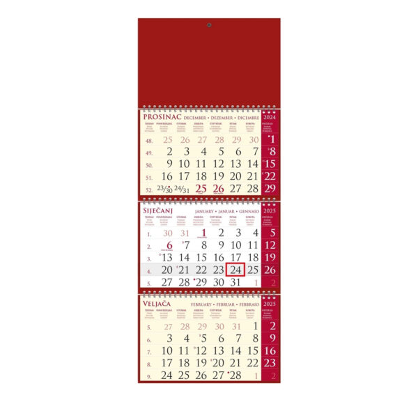 "Poslovni SIRIO cherry" trodjelni kalendar, 3x12 list., dim:25x65cm, vrećica, pokazivač, P/50