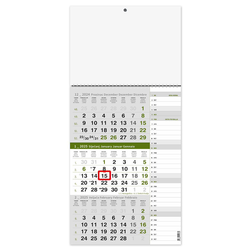 "Poslovni ZELENI PLANER" trodjelni kalendar, 12 list., dim: 29,5x62cm, PVC vrećica, pokazivač, P/50