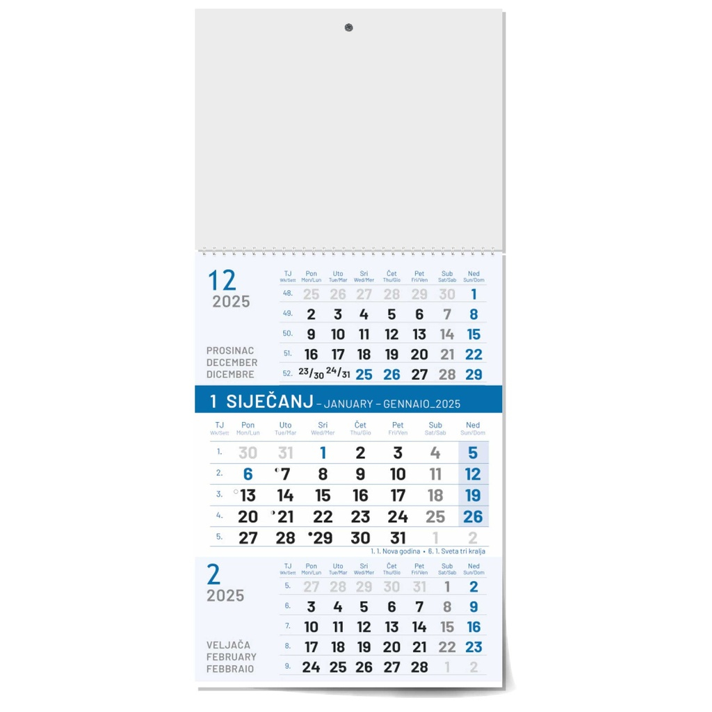 "Poslovni PLAVI" B4 trodjelni kalendar, 12 list., dim: 24x53,5 cm, PVC vrećica, pokazivač, P/50