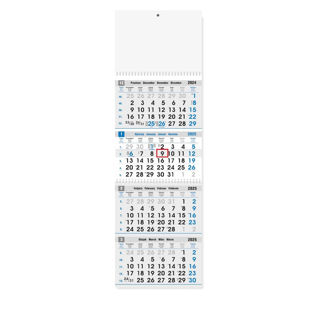 "Poslovni PLAVO-SIVI" četverodijelni kalendar, 12 list. x 2, dim: 27,5x87cm, PVC vrećica, pokazivač, P/25