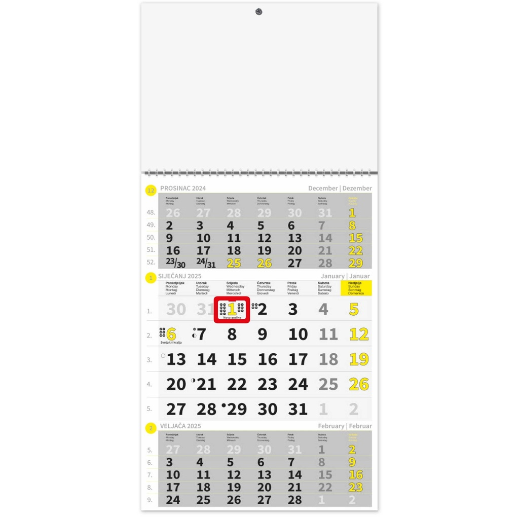 "Poslovni ŽUTO-SIVI" trodjelni kalendar, 12 list., dim:29,5x62cm, PVC vrećica, P/50