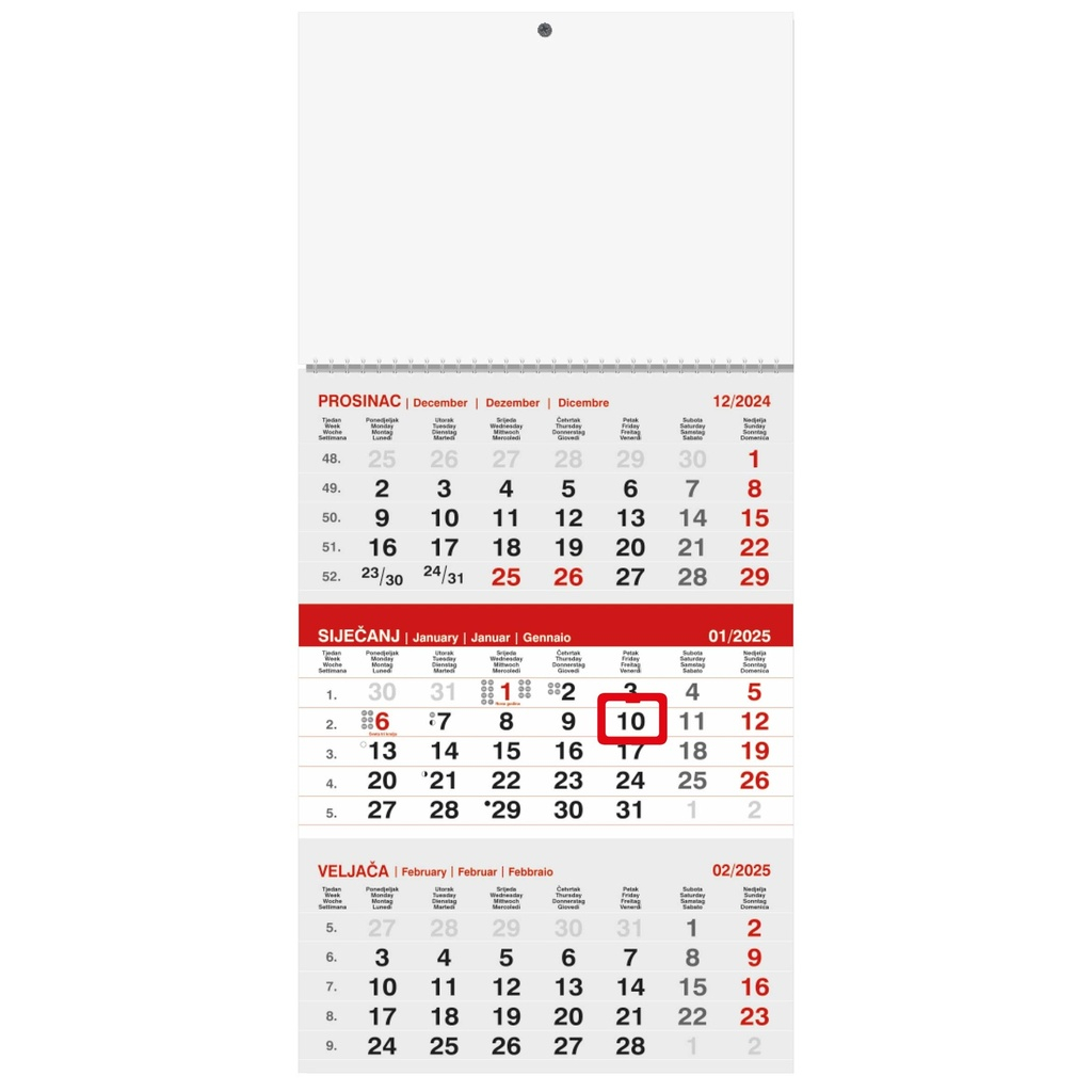 "Poslovni  SIVO-CRVENI" trodjelni kalendar, 12 list., dim: 29,5x62cm, PVC vrećica, pokazivač, P/50