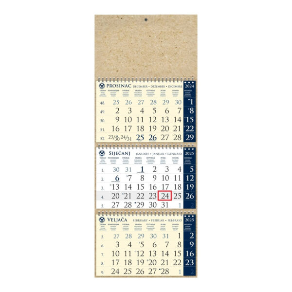 Kalendar trodjelni sirio EKO TAMNO PLAVI, 3 dijela spirala (3x12 l) 25x65cm, pok, vrećica (reciklirani papir), P/50