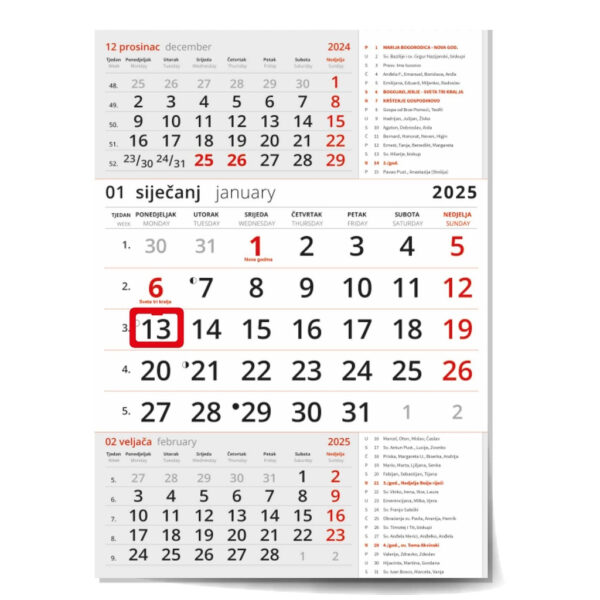 "Poslovni CRVENI S KATOLIČKIM KALENDAROM" neuvezani trodjelni kalendar, 12 list., dim: 29,5x62cm, PVC vrećica, pokazivač, P/50 NZ